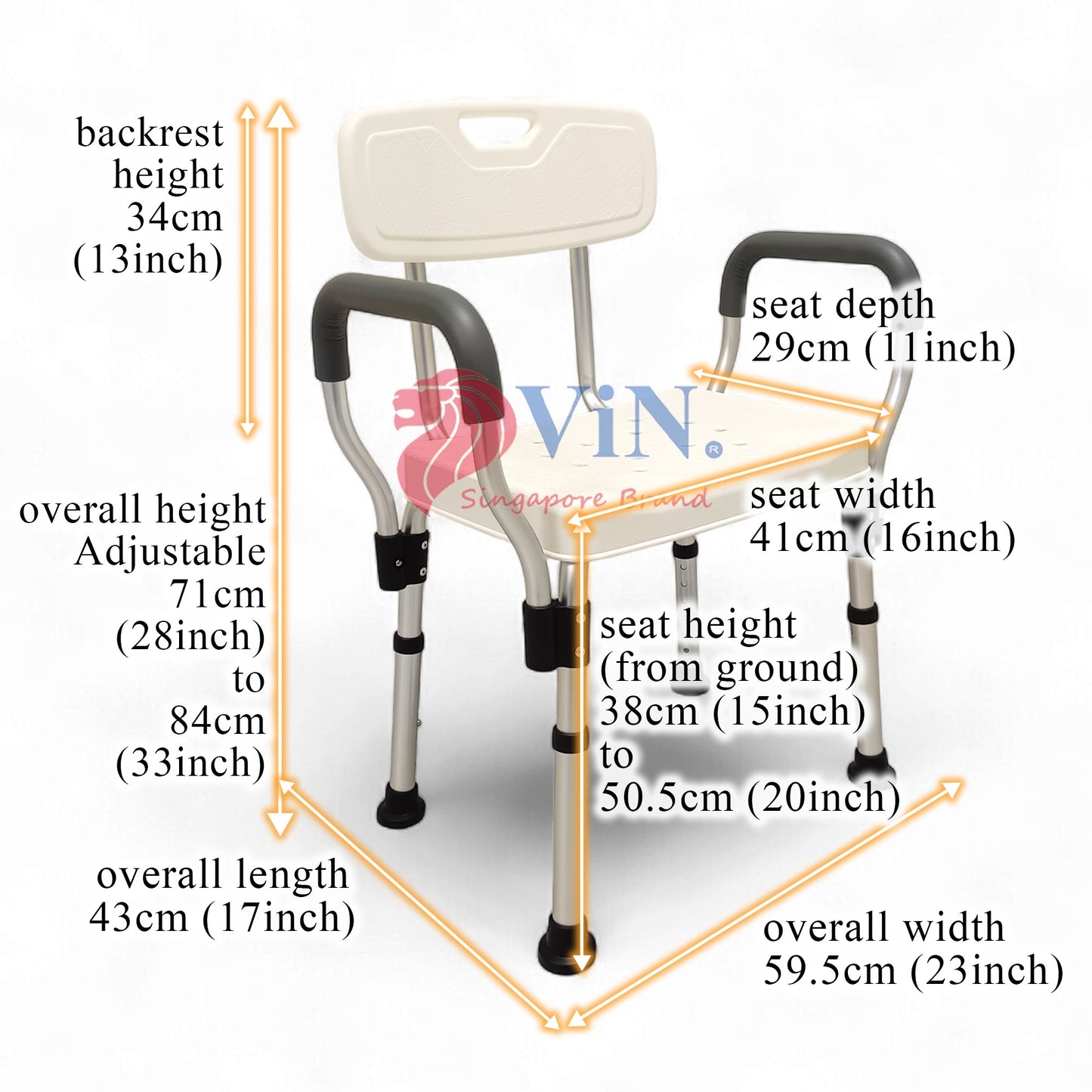 ViN-SC02 | Ultra Lightweight Shower Chair + Detachable Waterproof Armrest Soft Cushion + Height Adjustable + Slip Resistant + Strengthened Main Structure