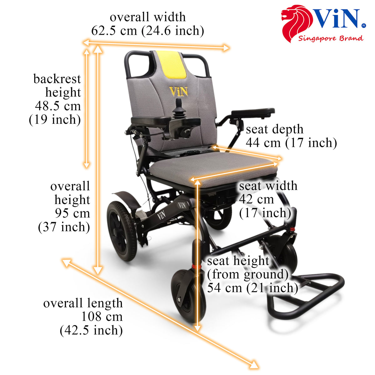 ViN-46A9 | Motorised Electric Wheelchair + LTA Approved + Long-lasting battery life + Thick Aluminum Anti Rust + Armrest Flip Up + Anti-Tipper