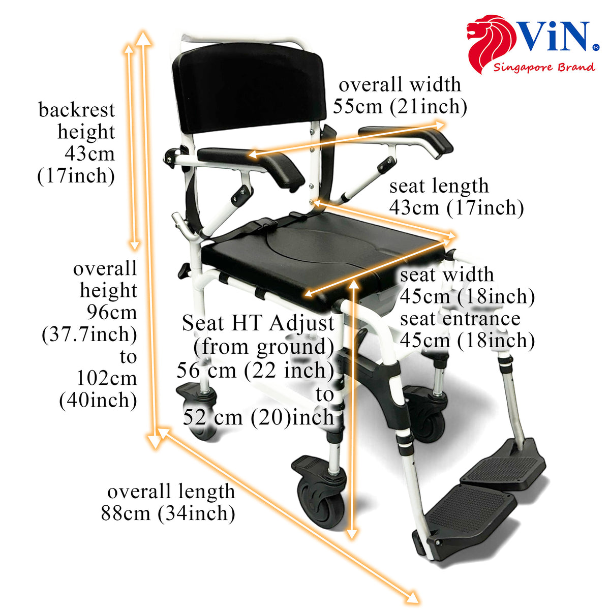 ViN-K08 Shower Commode Aluminum Toilet chair for Indoor with PU Seat [Hold 125 kg]