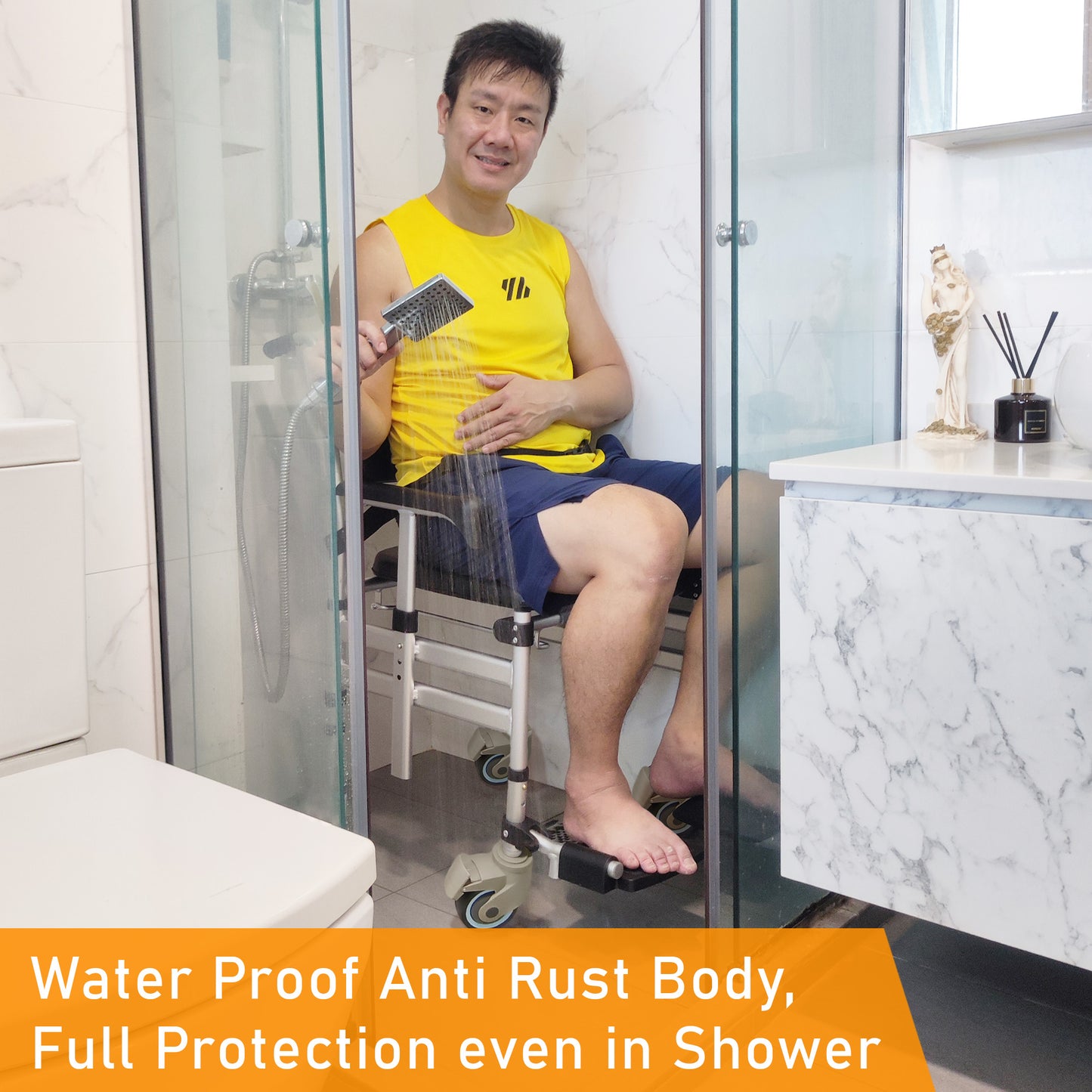 ViN Z05 | Shower Commode Indoor Wheelchair + Foldable + Adjustable height + 4 Lockable Wheels + Flip Down Armrest