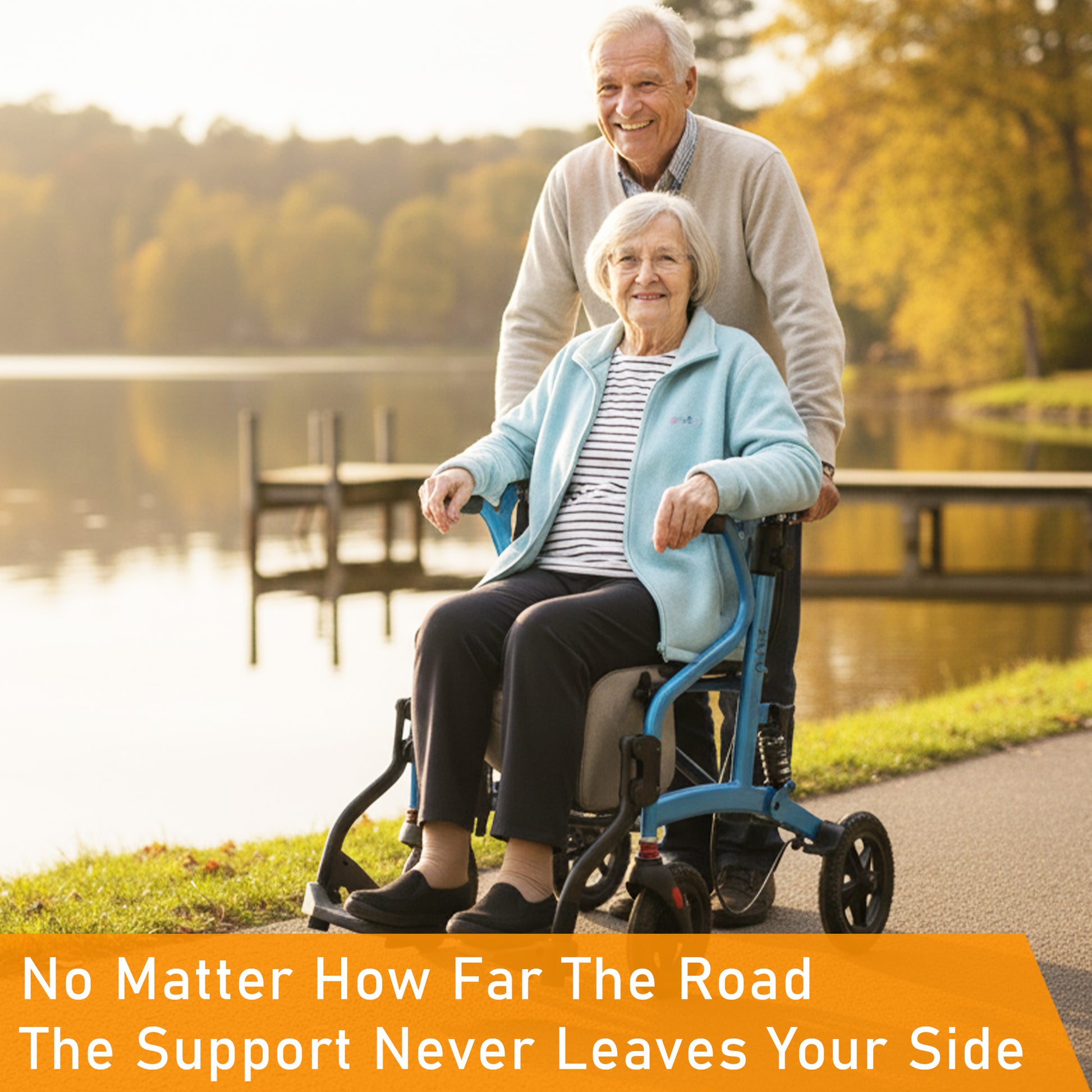 ViN-R1 lightweight rollator walker with adjustable height handles, flip-up footrest, suspension system, removable storage bag, and dual brake design.