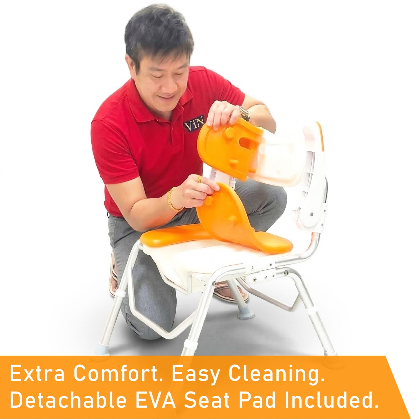 ViN-SC01 Foldable Shower Chair with U-Shape Private Cutout [Aluminum] Removable EVA Cushions