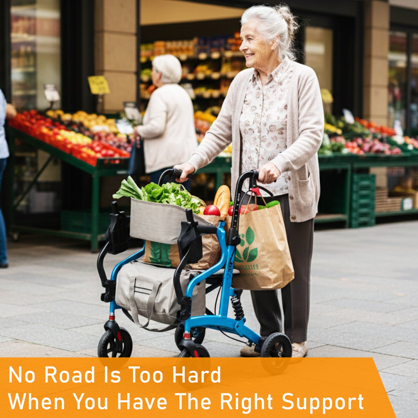 ViN-R1 lightweight rollator walker with adjustable height handles, flip-up footrest, suspension system, removable storage bag, and dual brake design.