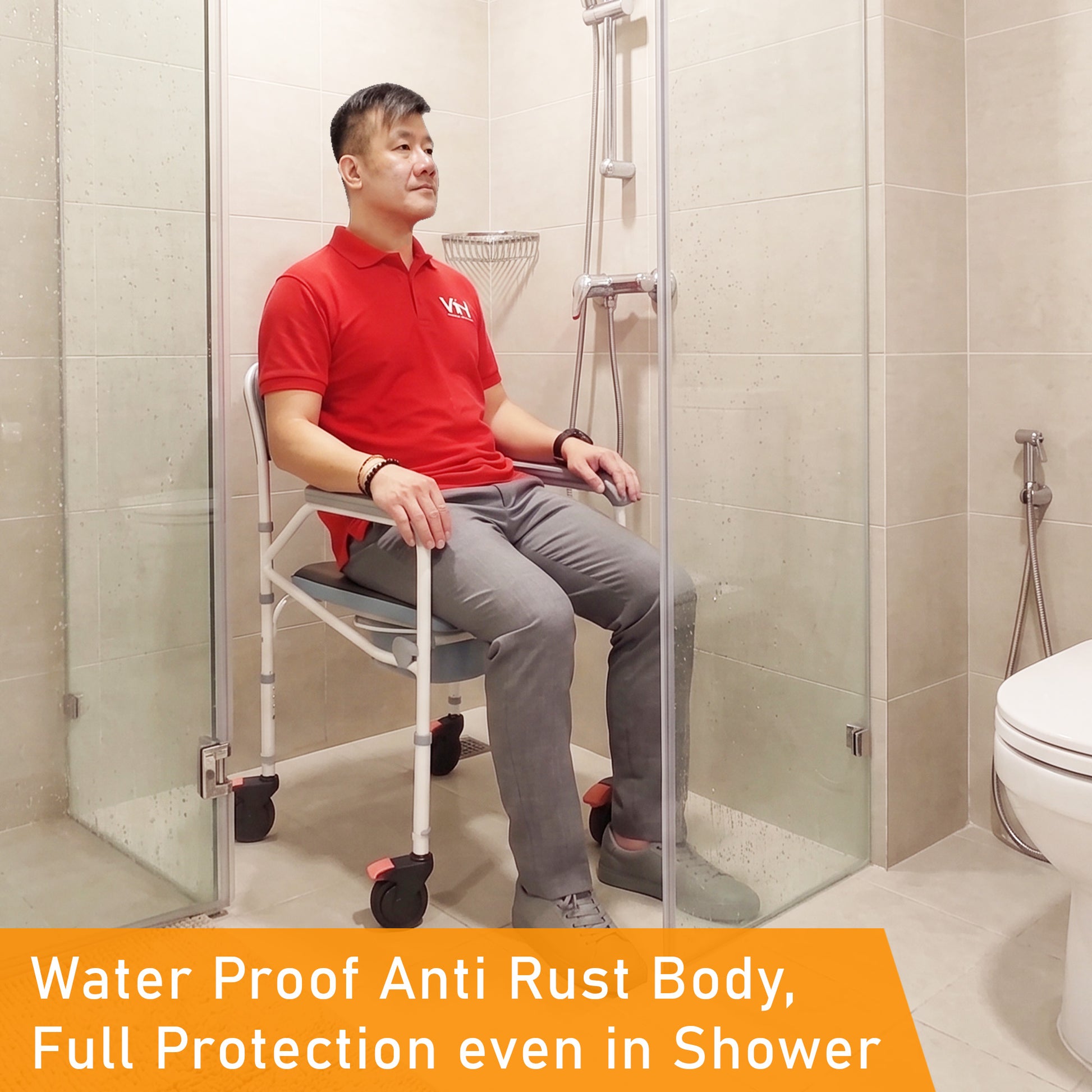 Foldable commode shower chair with adjustable height and anti-rust build. Comfortable, sturdy, and easy to clean.