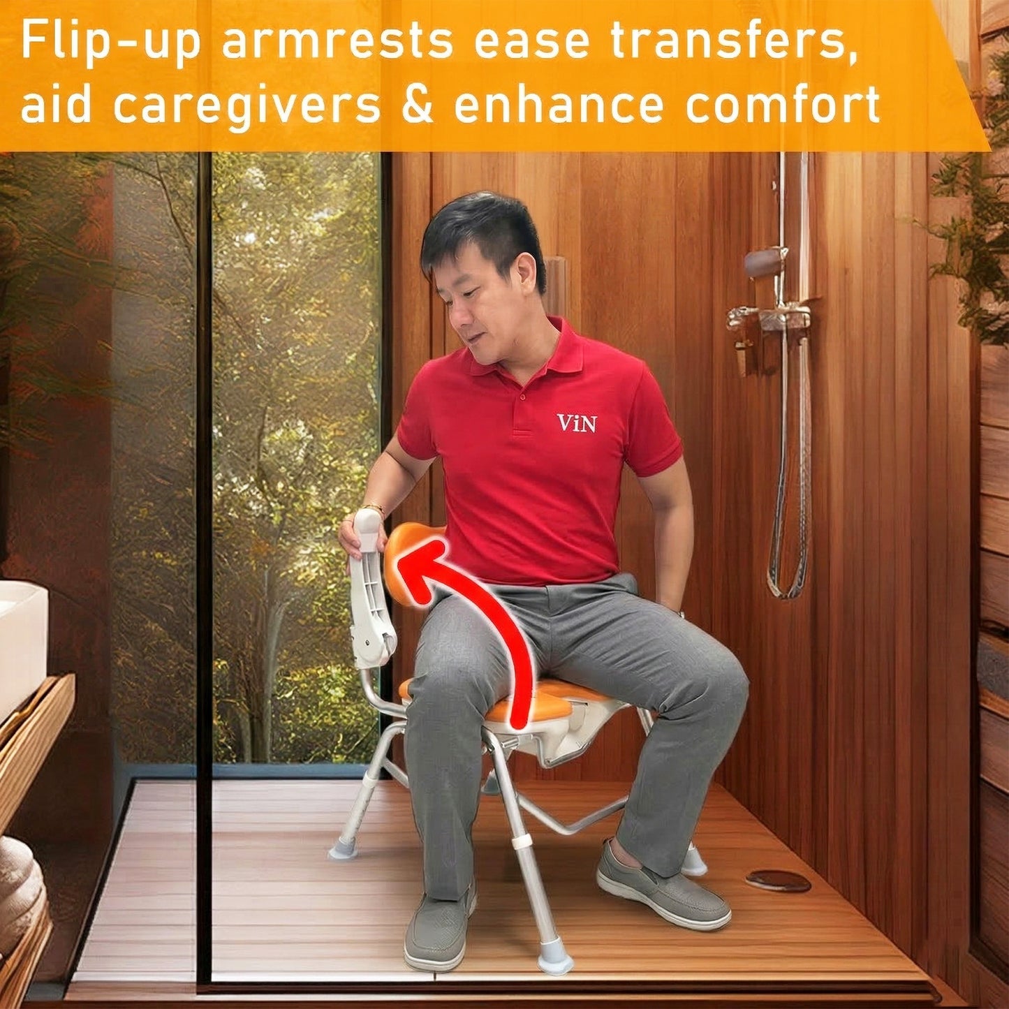 ViN-SC01 Foldable Shower Chair with U-Shape Private Cutout [Aluminum] Removable EVA Cushions