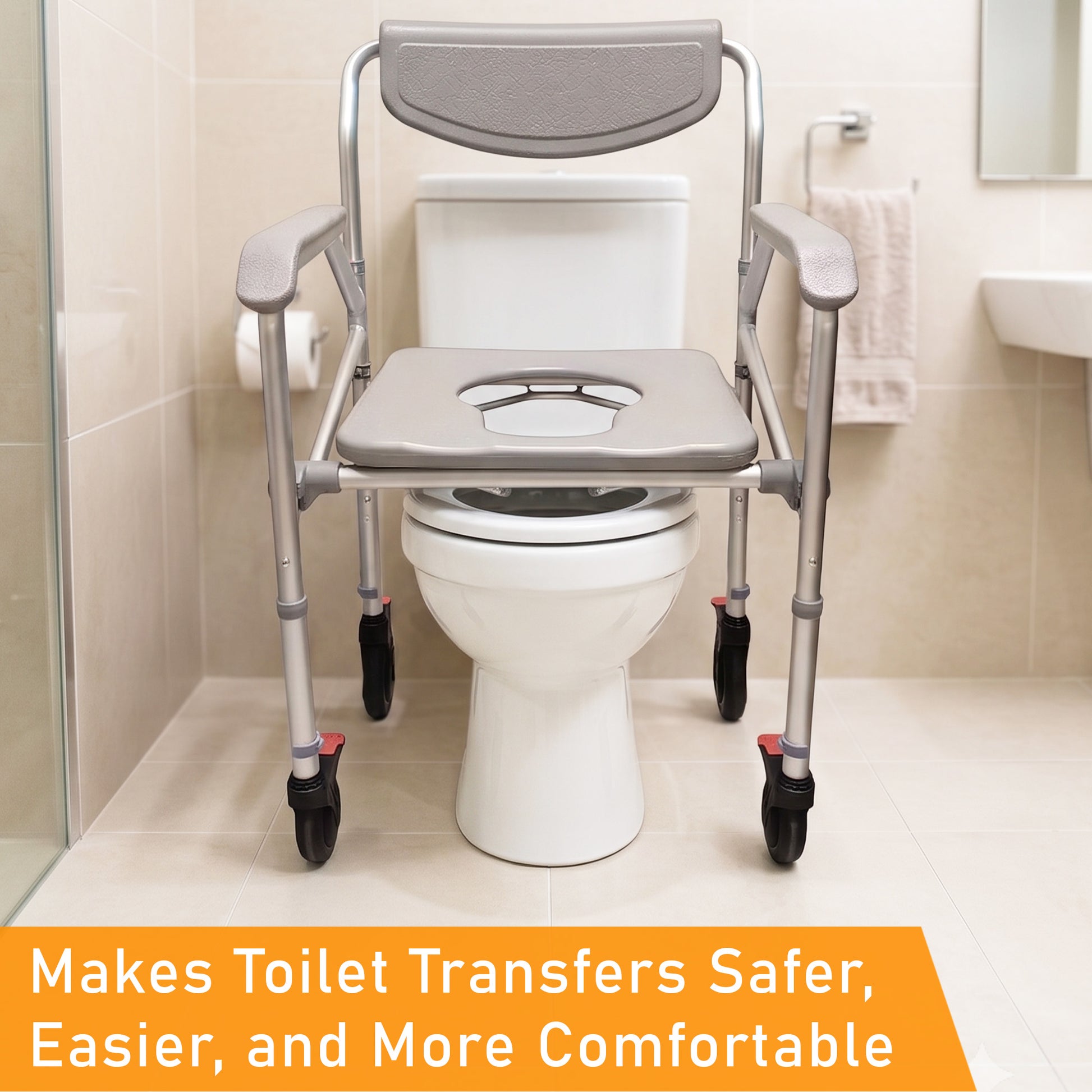 Foldable commode shower chair with adjustable height and anti-rust build. Comfortable, sturdy, and easy to clean.