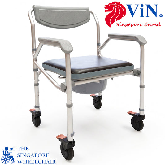 Foldable commode shower chair with adjustable height and anti-rust build. Comfortable, sturdy, and easy to clean.