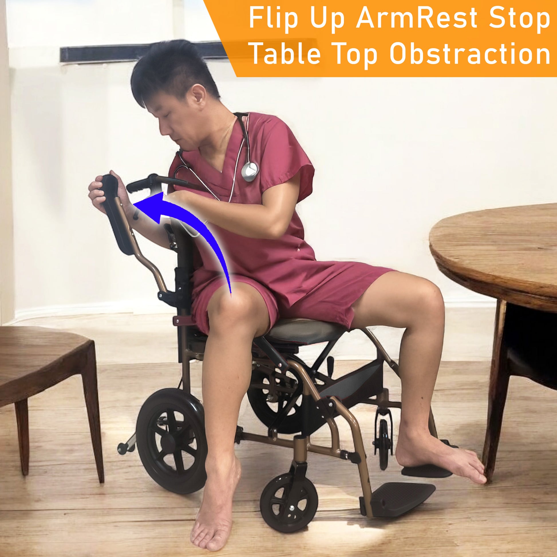 ViN DY820 Pushchair, compact wheelchair with Washable Cushion, flip-up armrest, retractable footrest, and anti-tipper safety