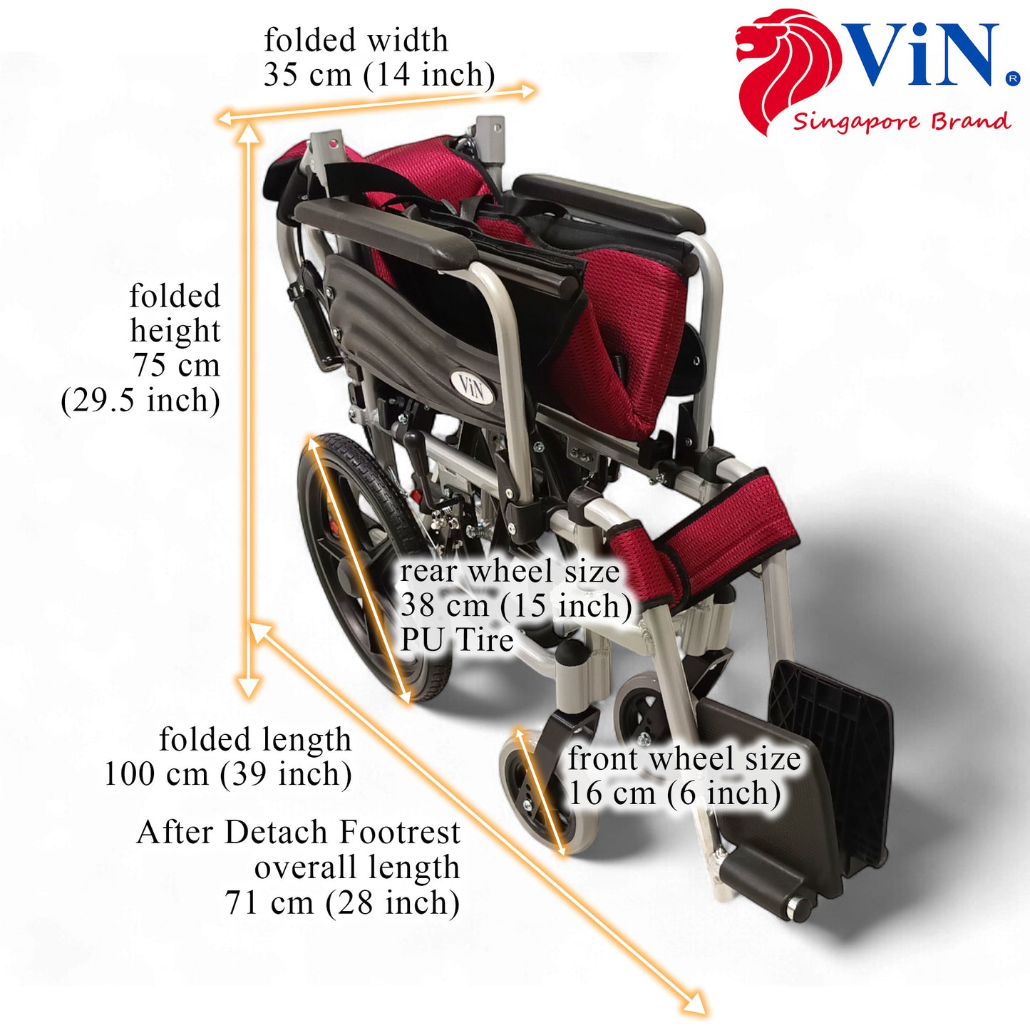 ViN-46A5S-16 Narrow Lightweight Detachable Wheelchair [16 Inch Seat] Pushchair