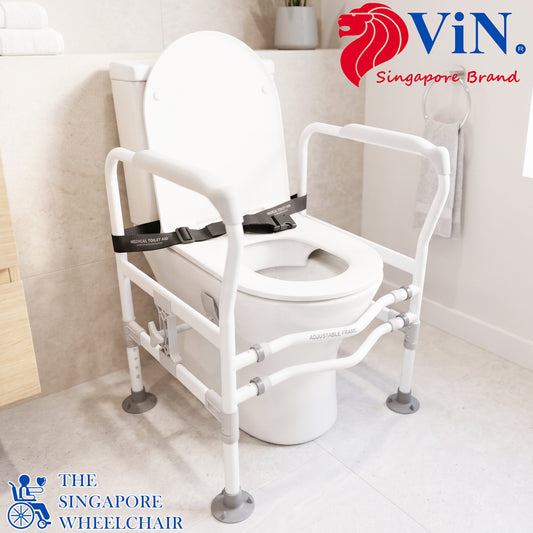ViN-THR01 adjustable toilet safety armrest with rust-resistant powder-coated frame, suction cup feet, adjustable height and width, anti-slip waterproof design, and stable support to prevent tipping and wobbling.