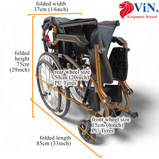 ViN DY878 Self Propelled Wheelchair, washable cushion, durable model with flip-up armrest, retractable footrest, and safety design
