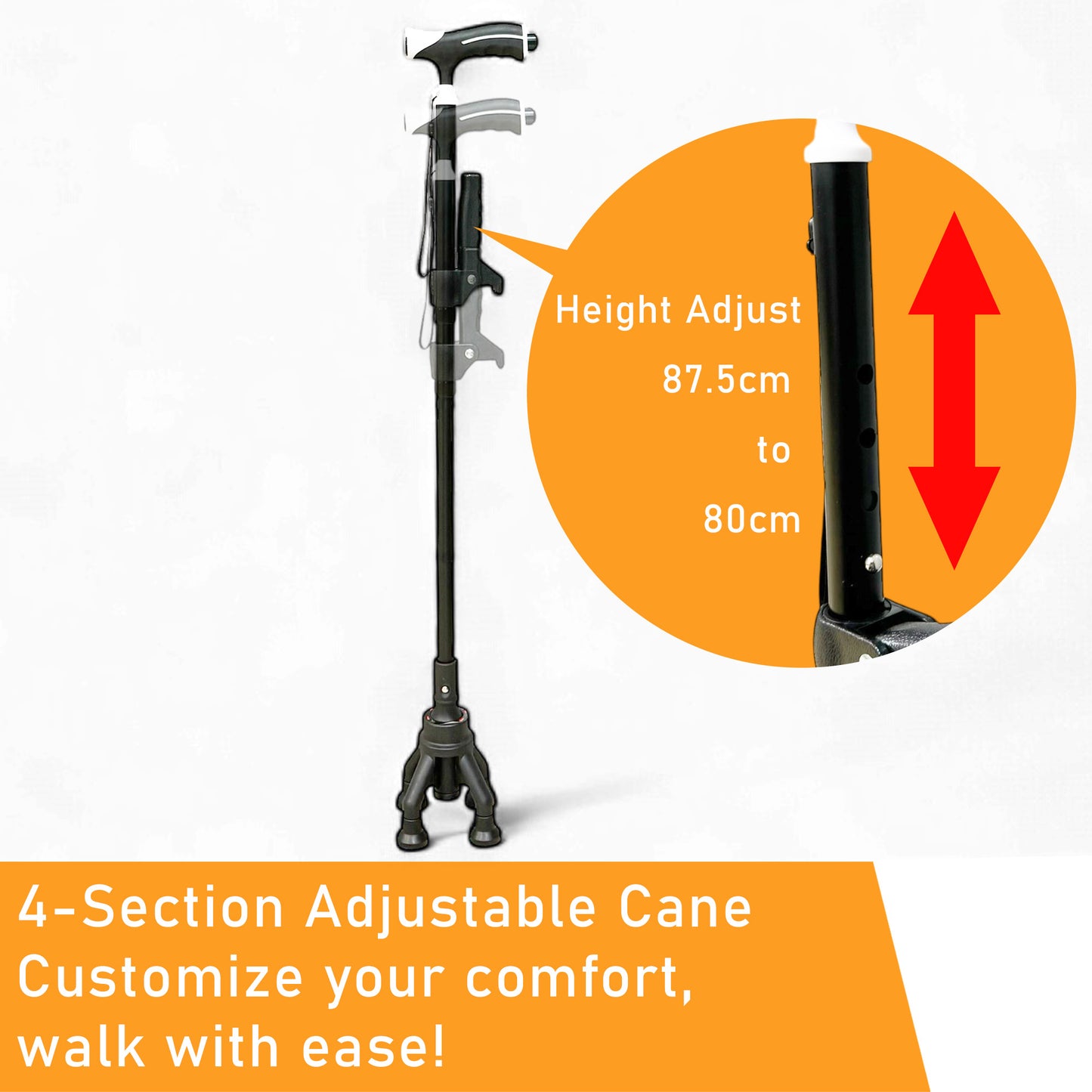 ViN WS03 | Aluminum Cane + 4 Section Adjustable + With Lights + Foldable + Assist Handle + Anti-Slip + Silky Safety Strap + 360-degree Rotation + Pivoting Base