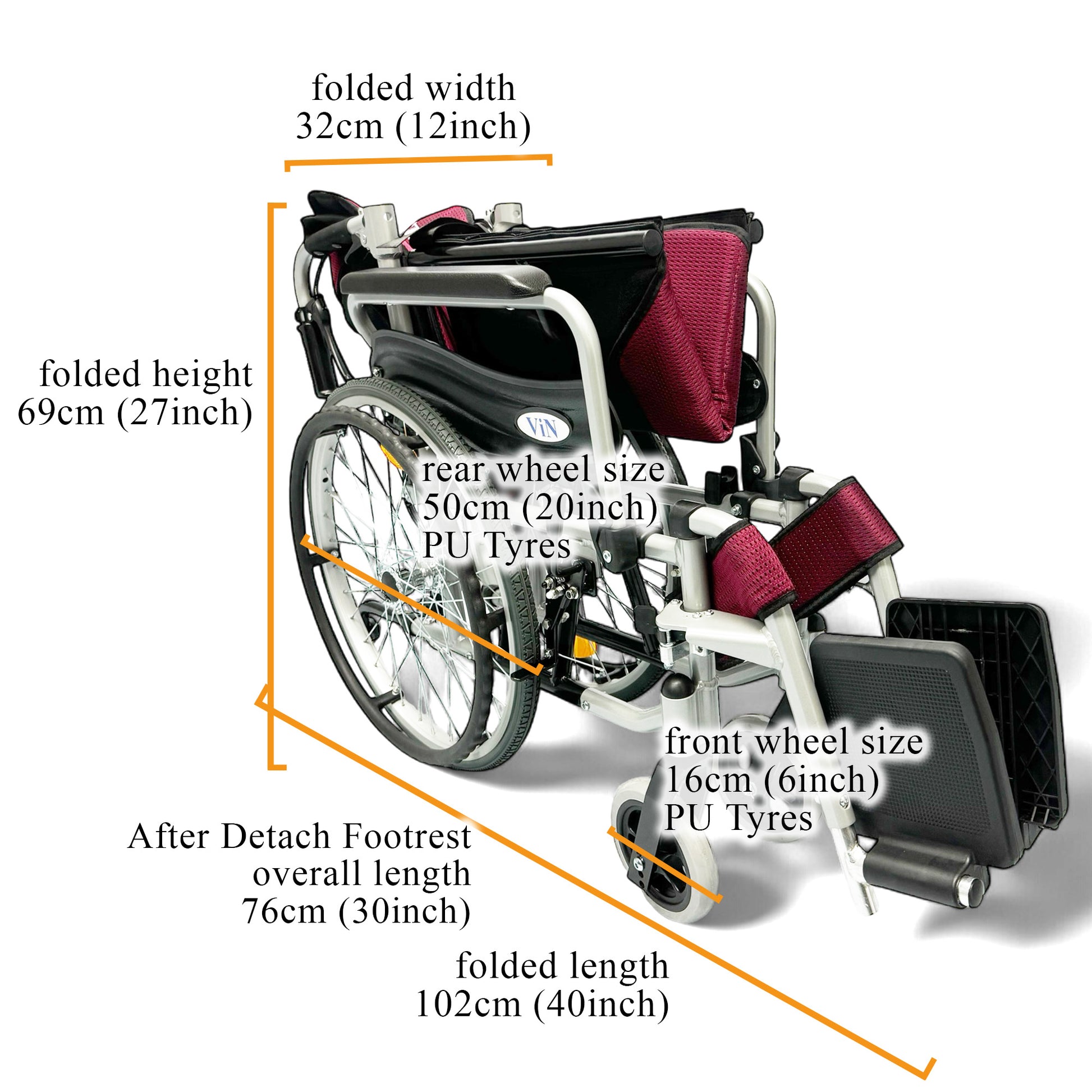 ViN 46A5M Self Propelled Wheelchair, washable cushion design with flip-up armrest, detachable legrest, and anti-tipper