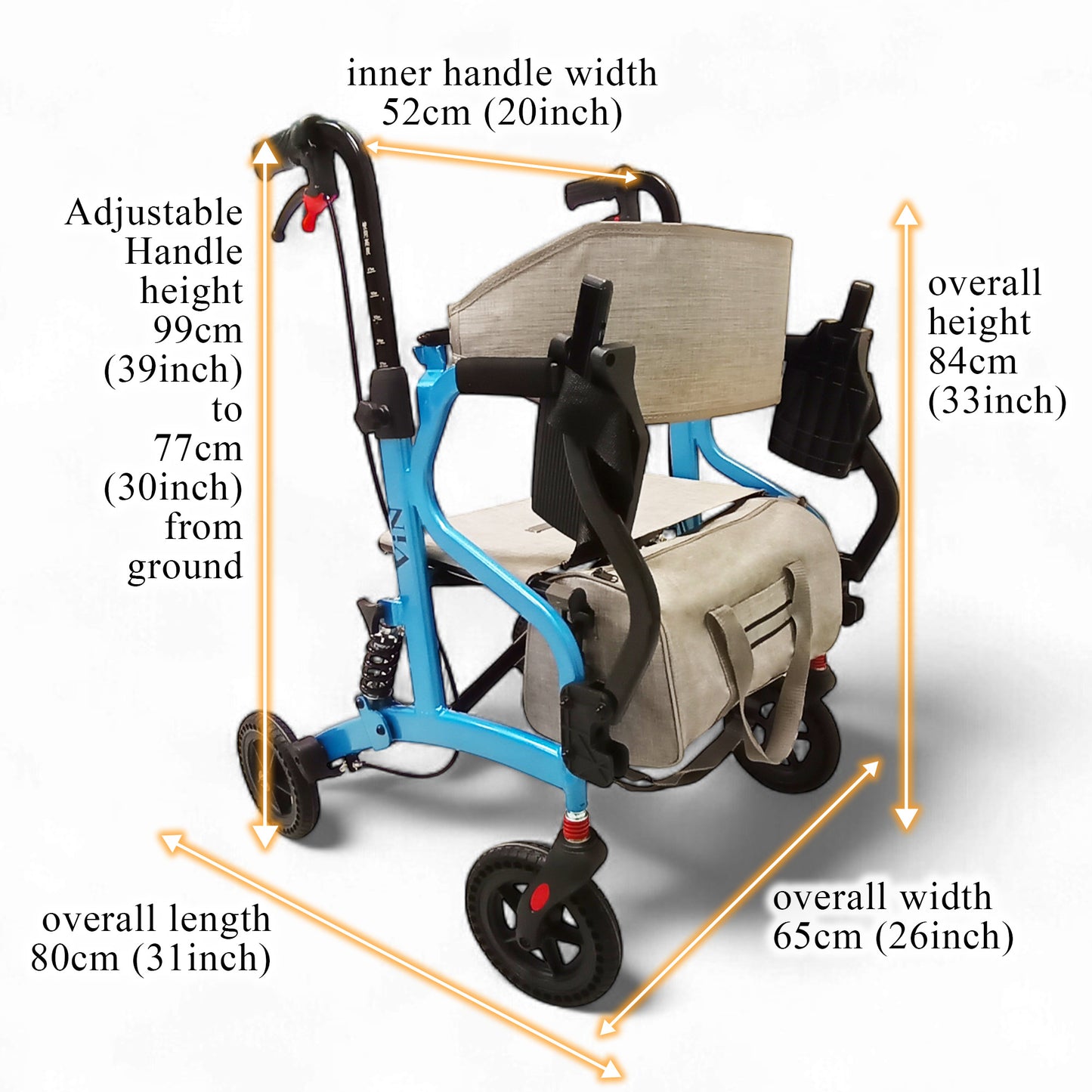 ViN-R1 lightweight rollator walker with adjustable height handles, flip-up footrest, suspension system, removable storage bag, and dual brake design.