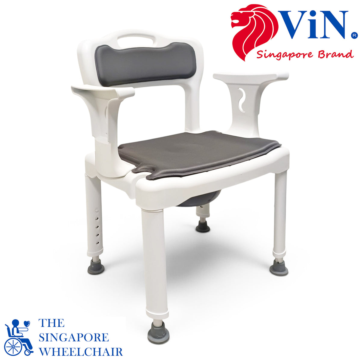 Height Adjustable Shower Commode Chair with Non-Slip Rubber Pads, Detachable Armrests and Backrest, Soft Seat Cushion, Shower Holder and Removable Bucket with Lid