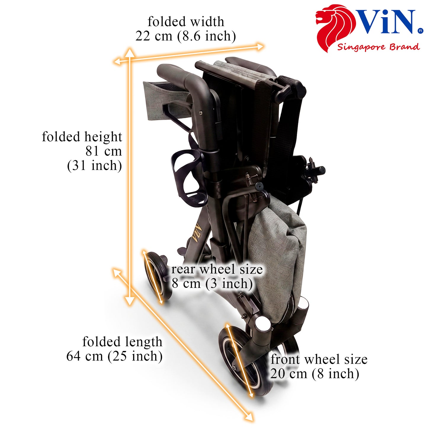 ViN-R2 | Rollator + Adjustable Height Handle + Flip-up Footrest + Lightweight + Removable Rollator Storage Bag + Dual Brake System