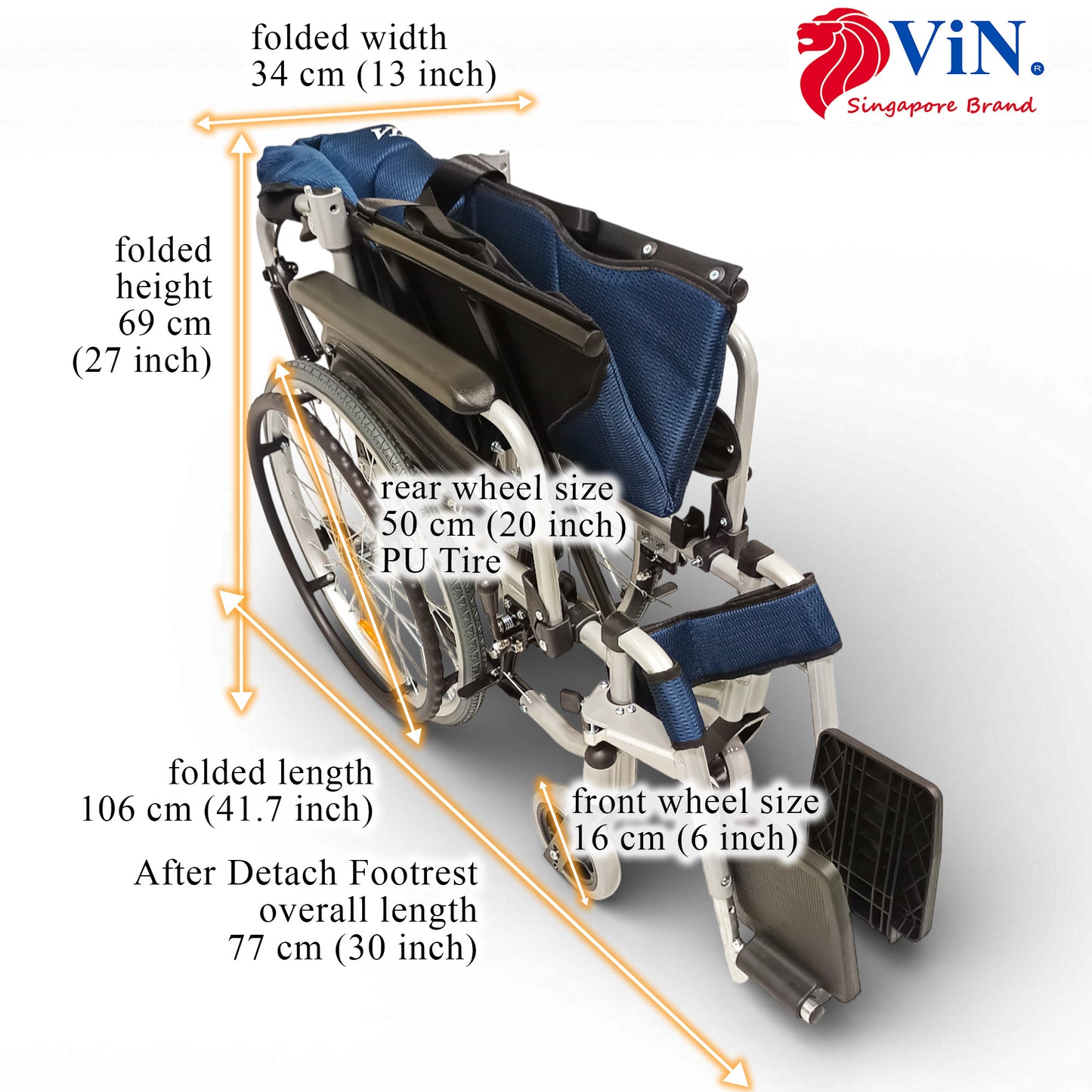 ViN-46A5M-20 Extra Wide Detachable Wheelchair 20" Seat [Hold 120kg] Self Propelled