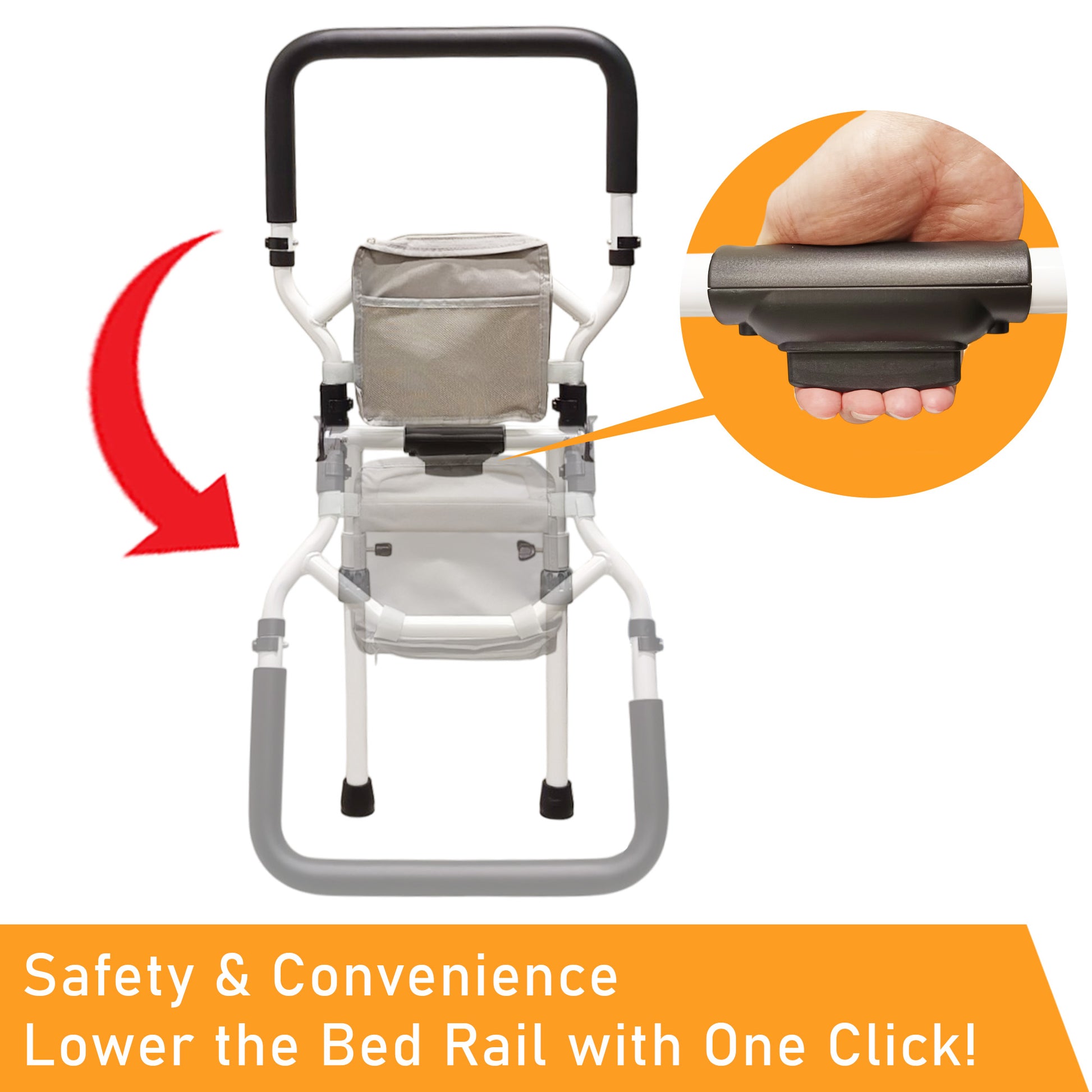 Adjustable height bed rail for elderly with flip-down handrail, cushioned handle, leg support, stainless steel frame with Powder Coating, and secure safety belt.