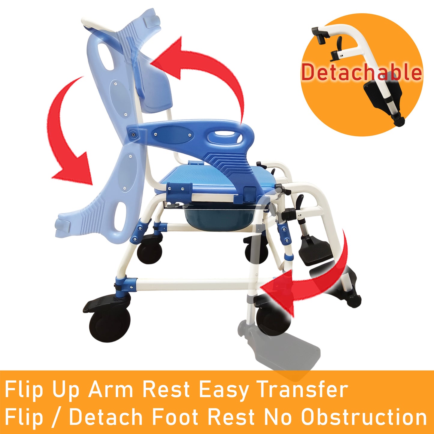 ViN K02 Shower Commode Indoor Wheelchair with Extra-Wide Seat, 4 Lockable Wheels, Flip Up Armrest, Detachable Adjustable Height Footrest, Detachable Waterproof EVA Cushion
