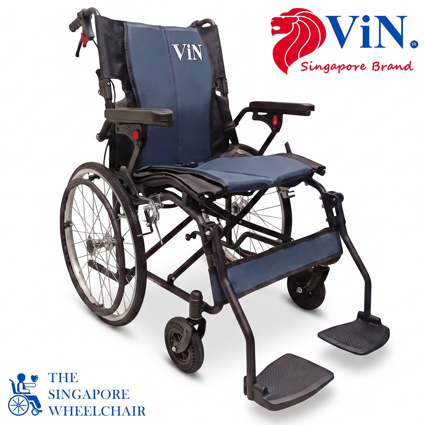 Foldable self-propelled wheelchair with ergonomic seat, washable cushion, flip-up armrests and leg rests, dual brakes, off-road casters and anti-tipper, compact design for car boot and airplane travel