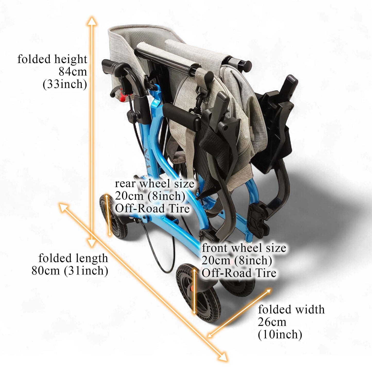 ViN-R1 lightweight rollator walker with adjustable height handles, flip-up footrest, suspension system, removable storage bag, and dual brake design.