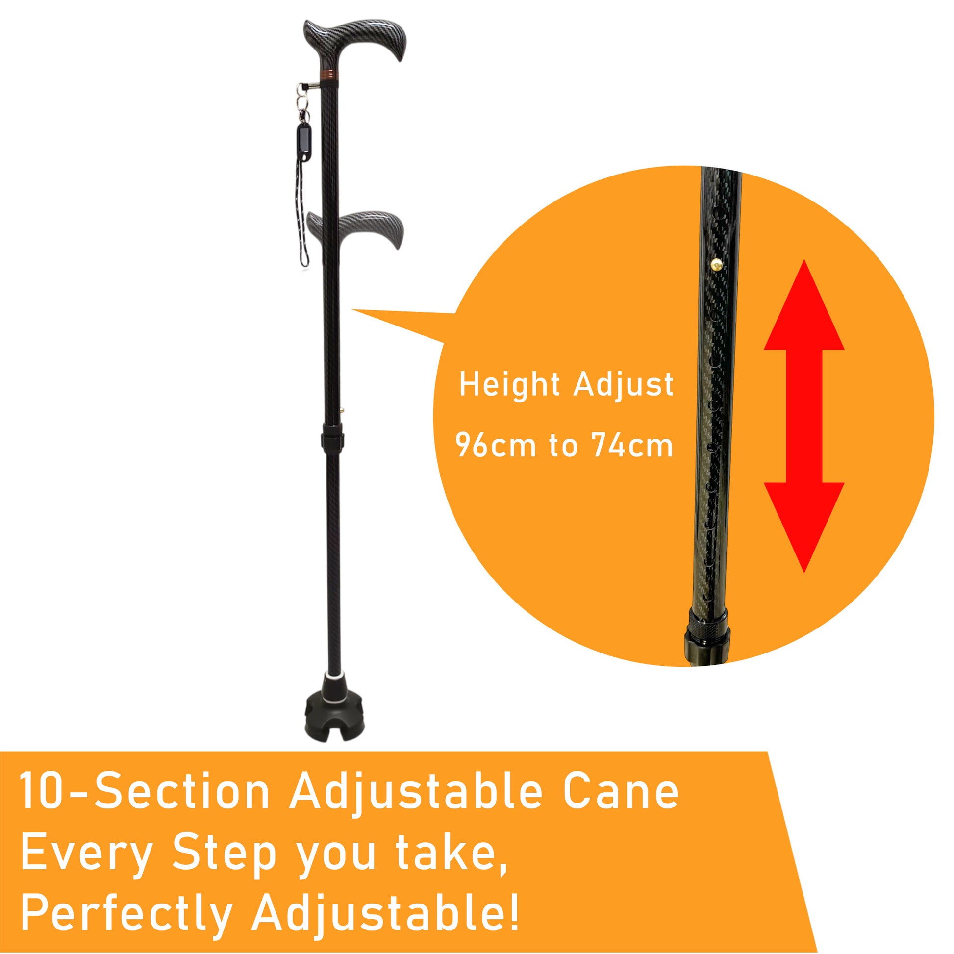 Ultra lightweight Carbon Fiber Cane – Adjustable Height, 2 in 1 Interchangeable Base, Lights, Anti-Slip & Strap