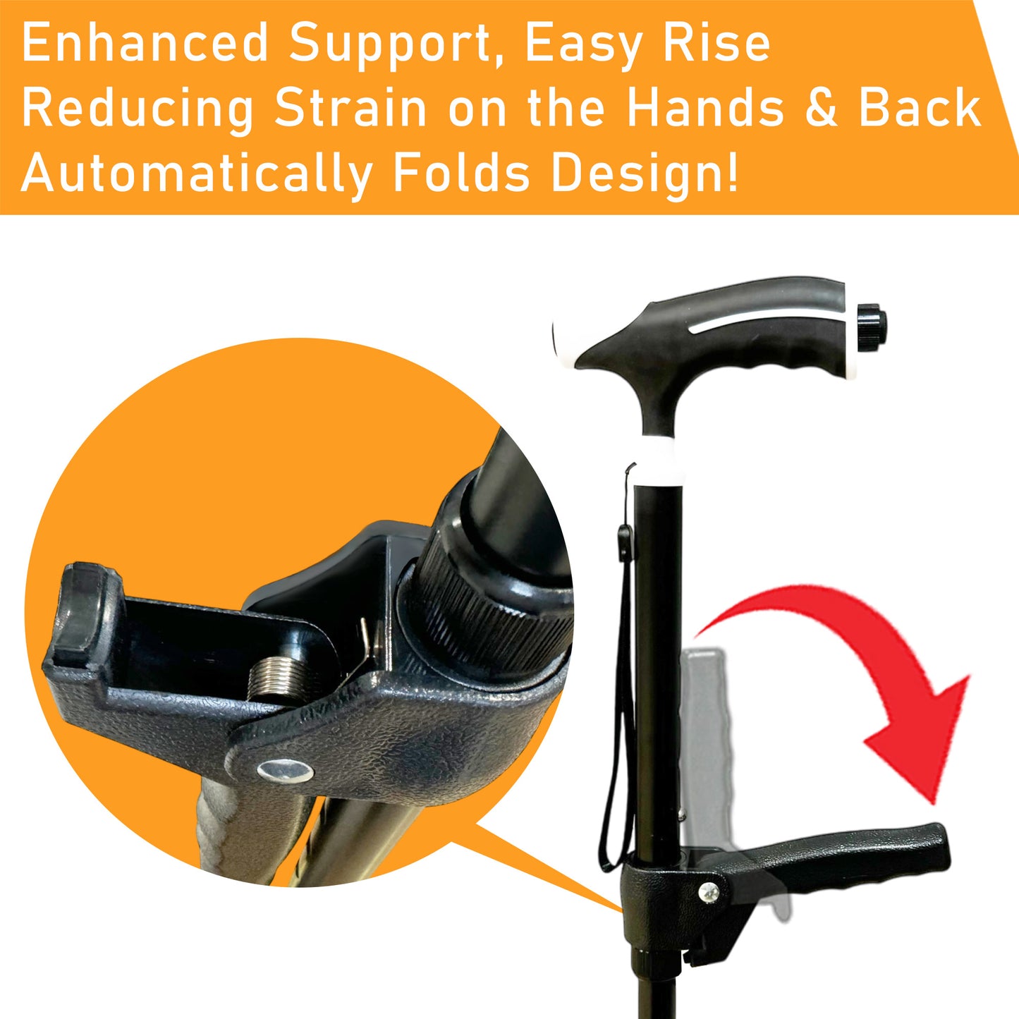 ViN WS03 | Aluminum Cane + 4 Section Adjustable + With Lights + Foldable + Assist Handle + Anti-Slip + Silky Safety Strap + 360-degree Rotation + Pivoting Base