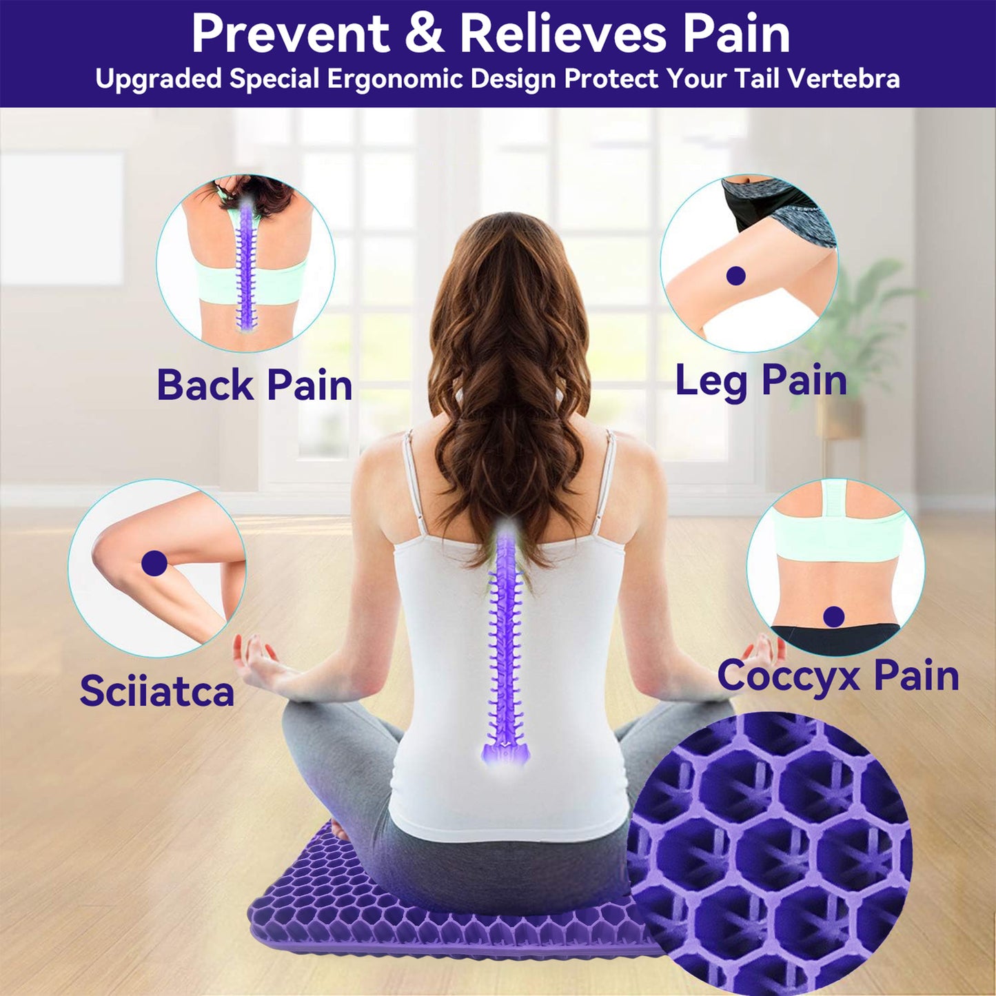 ViN C01 - Extra Thicken Gel Seat Cushion Stop Back & Sciatica Pain While Sitting!, for Car, Office & Wheelchair.