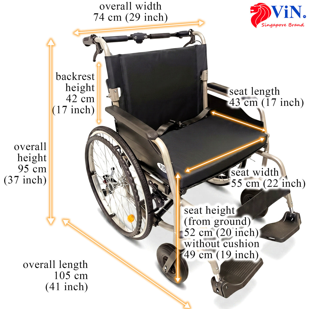 ViN-35AL Big Large Lightweight 15 kg Wheelchair 22" Seat Width [Holds 150kg]