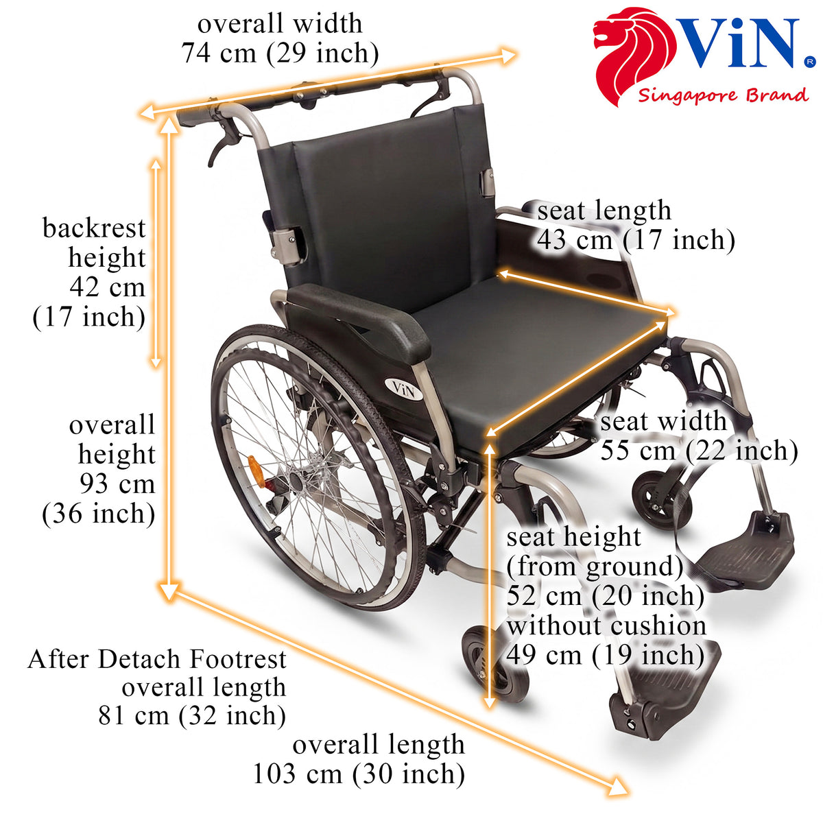 ViN-46AL Heavy Duty BIG Wheelchair 22" Wide Seat [Holds 150kg]