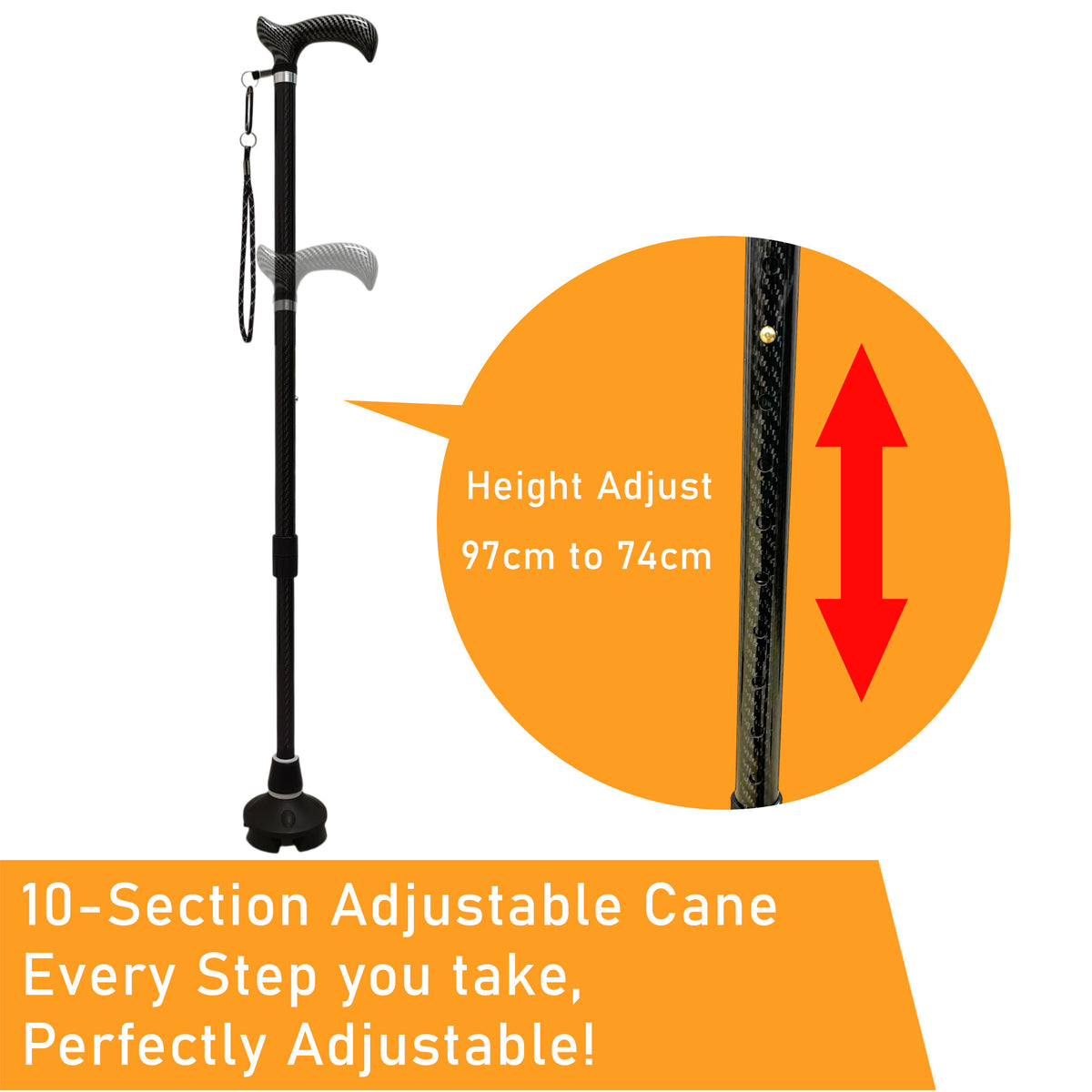 ViN-WS08 | Carbon Fiber Cane + Ultra lightweight 250 Gram + Self-Standing + 360 Degree Turn + 10 Section Adjustable +  Anti-Slip + Safety Strap + Flexible Tip + Large Quad Cane Base + Basic Base