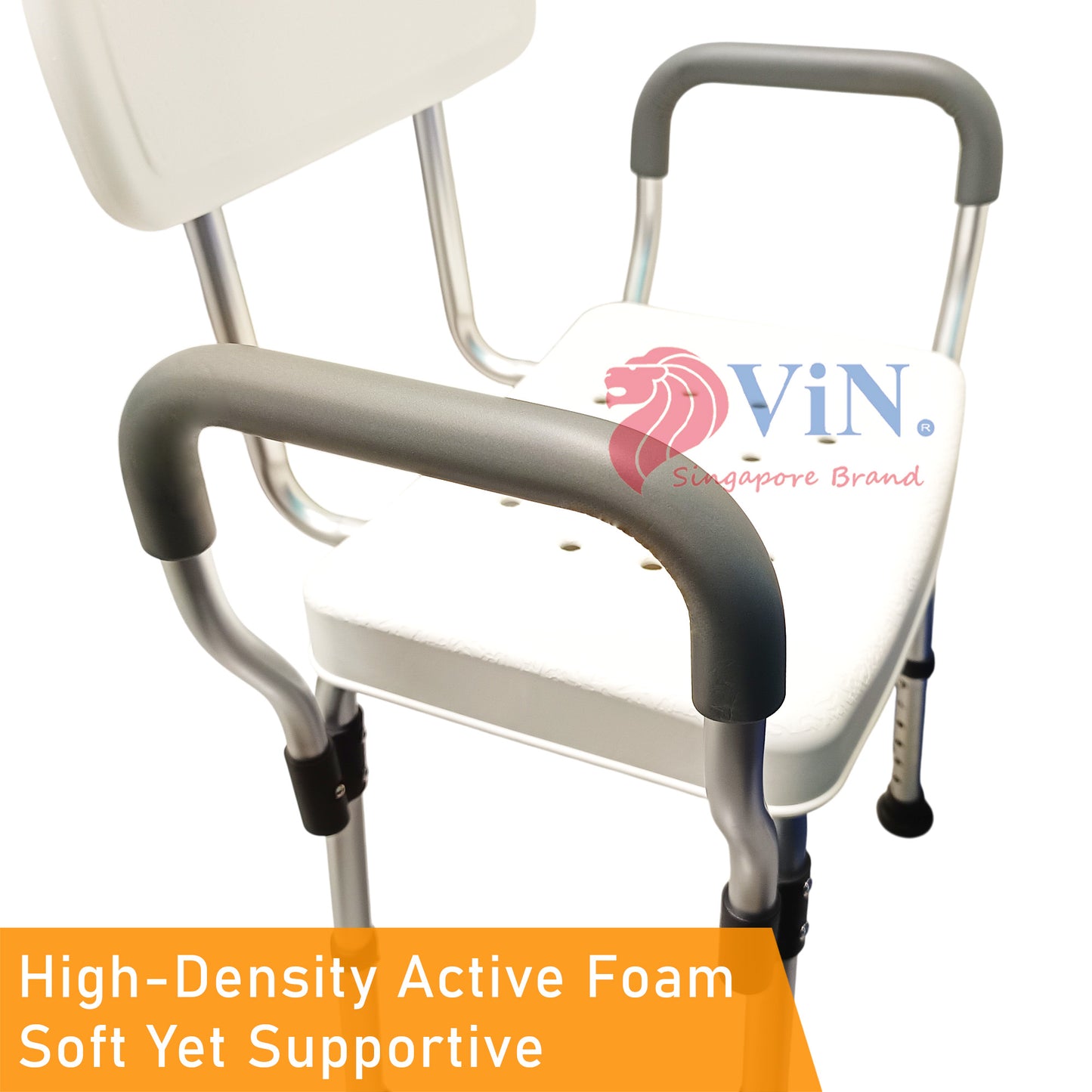 ViN-SC02 | Ultra Lightweight Shower Chair + Detachable Waterproof Armrest Soft Cushion + Height Adjustable + Slip Resistant + Strengthened Main Structure