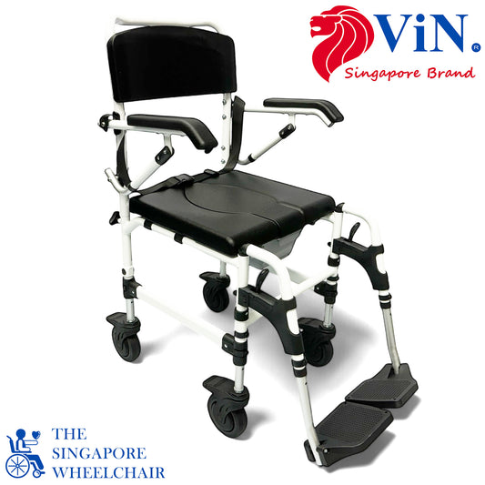 ViN K08 | Shower Commode Indoor Wheelchair - Adjustable height + 4 Lockable Rotation Wheels + Flip Up Armrest + Flip/Detach Footrest