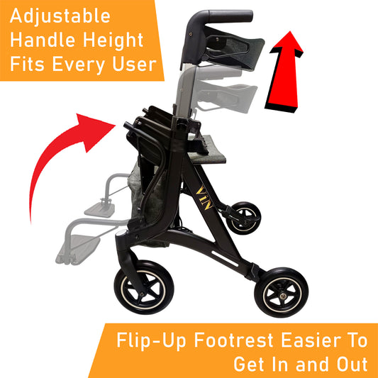 Rollator with wider seat, Adjustable Height Handle, Flip-up Footrest, Lightweight Anti Rust, Removable Rollator Storage Bag, Dual Brake System. Comfortable and portable