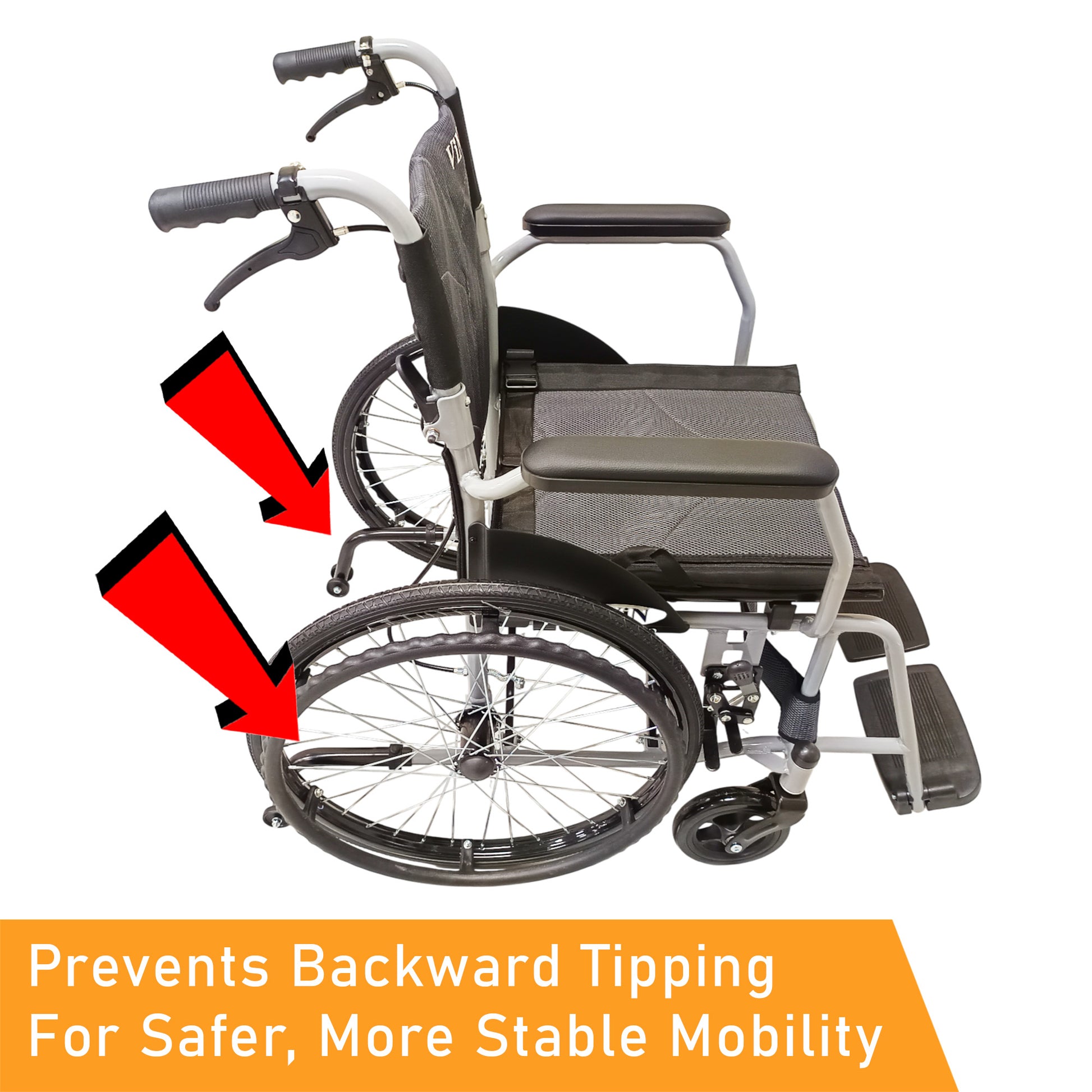 Self-propelled wheelchair with Anti-Tipper, fixed armrest and legrest. Strong, reliable, and easy to use for daily mobility.