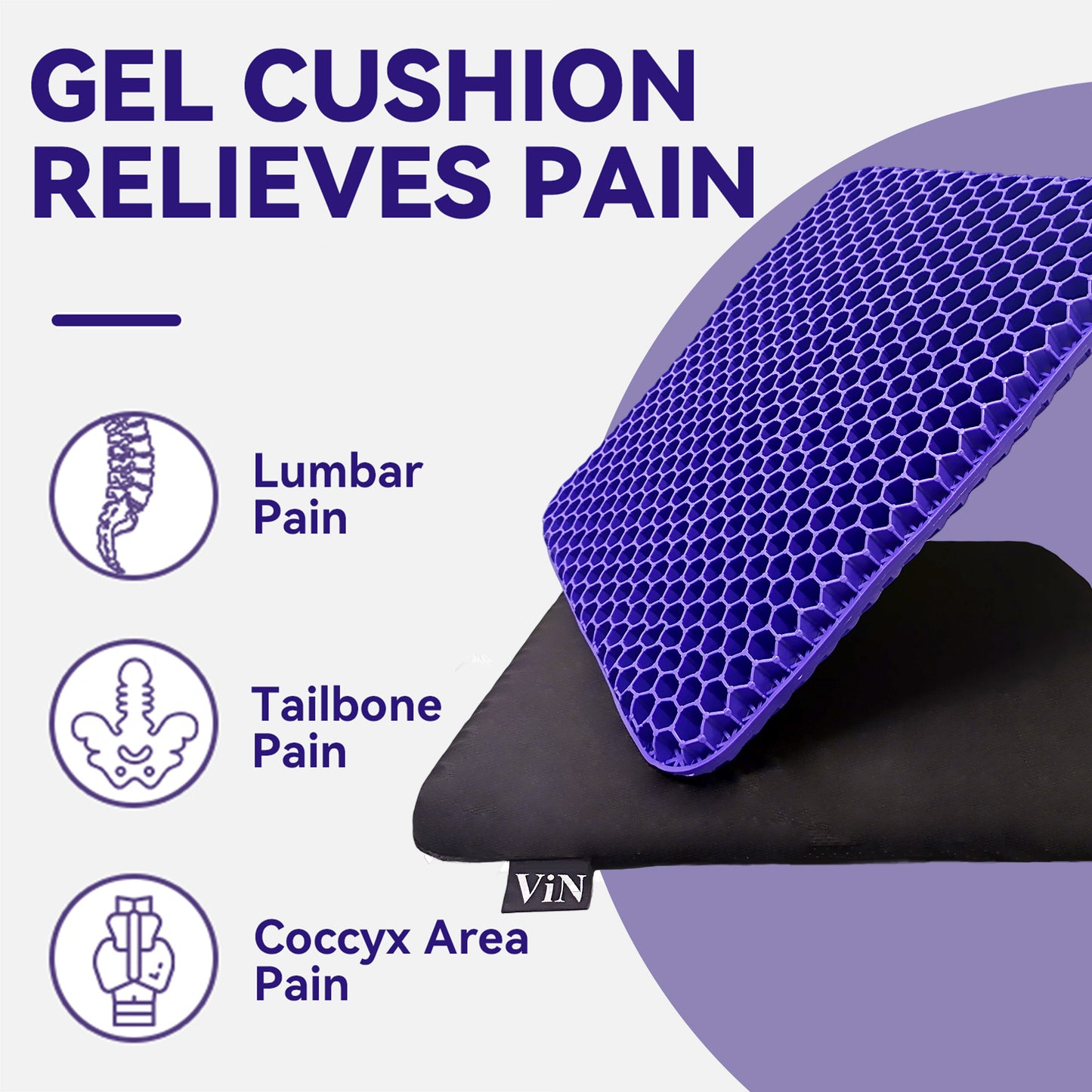 ViN C01 - Extra Thicken Gel Seat Cushion Stop Back & Sciatica Pain While Sitting!, for Car, Office & Wheelchair.