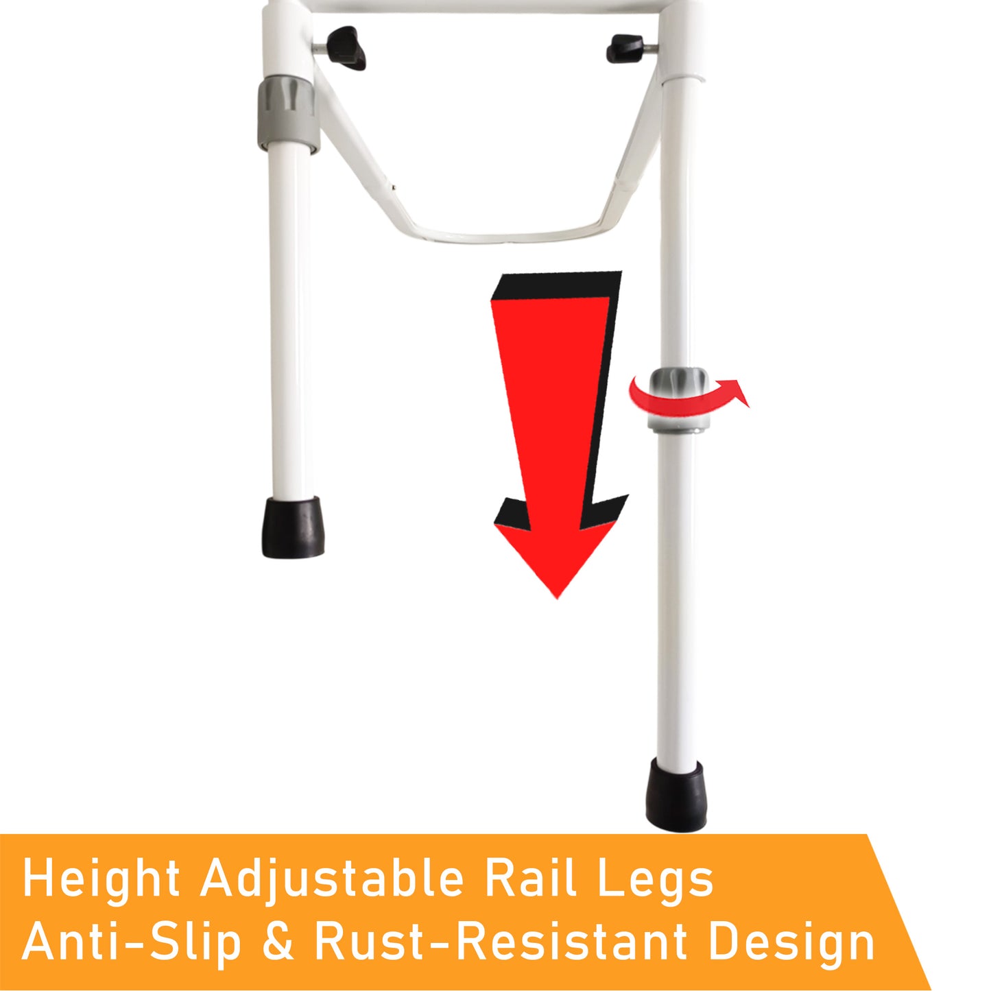 Adjustable height bed rail for elderly with flip-down handrail, cushioned handle, leg support, stainless steel frame with Powder Coating, and secure safety belt.