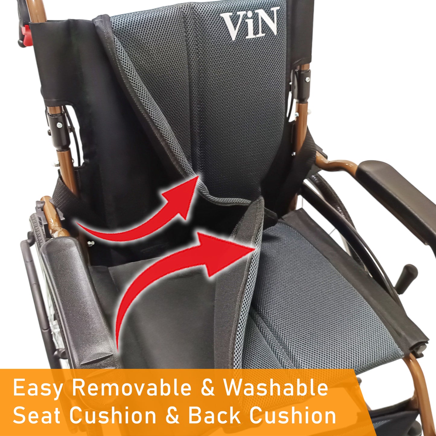 ViN DY878 Self Propelled Wheelchair, washable cushion, durable model with flip-up armrest, retractable footrest, and safety design