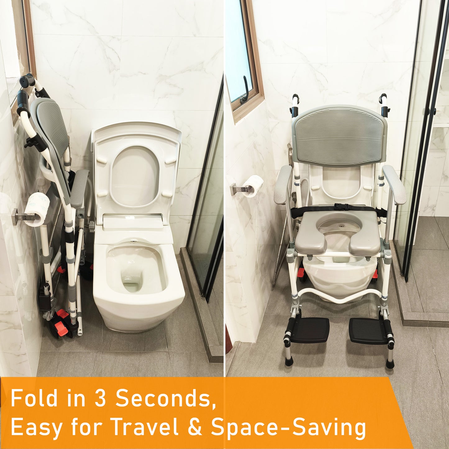 ViN-K05 foldable aluminum shower commode chair with waterproof cushion, adjustable armrests, flip-in footrests, full-lock caster wheels, removable commode bucket, anti-tipper, safety belt, and detachable backrest for toilet, shower, and indoor wheelchair use.