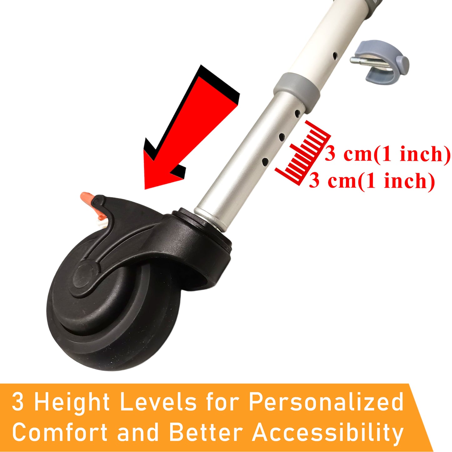 ViN-K06 aluminum shower commode chair, foldable and detachable 3-in-1 toilet chair for indoor use, wheelchair and shower use, with 4 full-lock caster wheels, safety belt, anti-tip device, flip-up push handles and footrests, removable bucket, and cushioned seat.