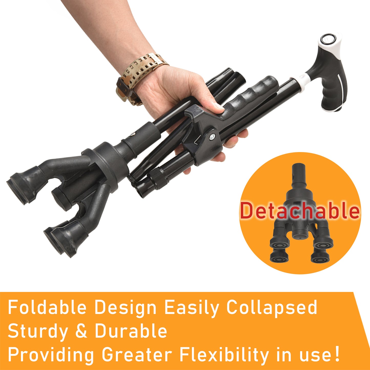 ViN WS03 | Aluminum Cane + 4 Section Adjustable + With Lights + Foldable + Assist Handle + Anti-Slip + Silky Safety Strap + 360-degree Rotation + Pivoting Base