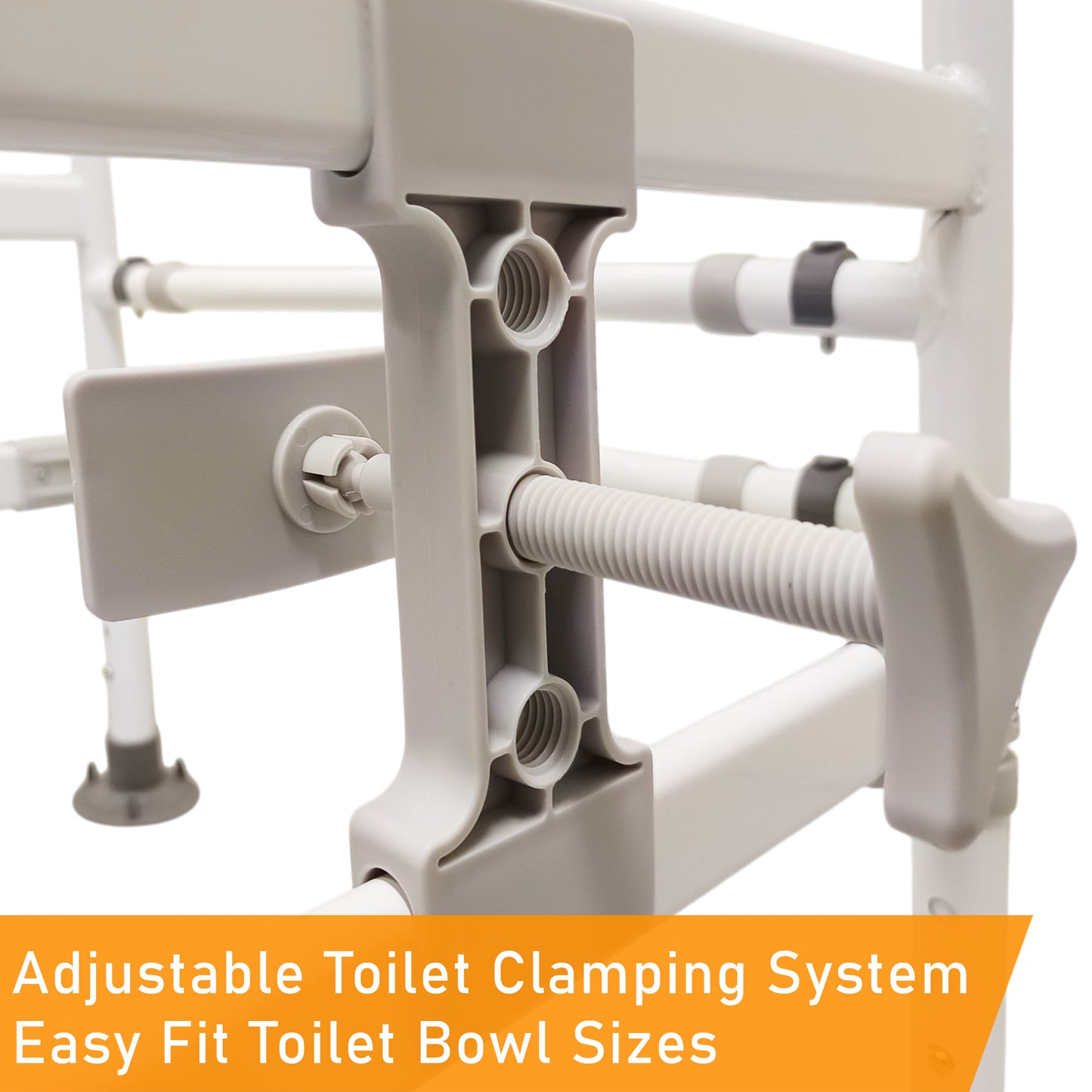 ViN-THR01 adjustable toilet safety armrest with rust-resistant powder-coated frame, suction cup feet, adjustable height and width, anti-slip waterproof design, and stable support to prevent tipping and wobbling.