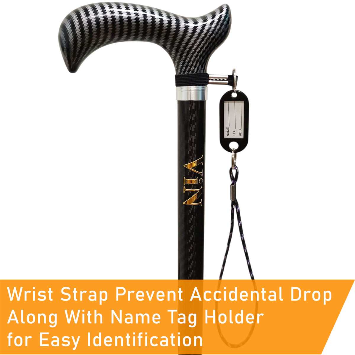 ViN-WS08 | Carbon Fiber Cane + Ultra lightweight 250 Gram + Self-Standing + 360 Degree Turn + 10 Section Adjustable +  Anti-Slip + Safety Strap + Flexible Tip + Large Quad Cane Base + Basic Base