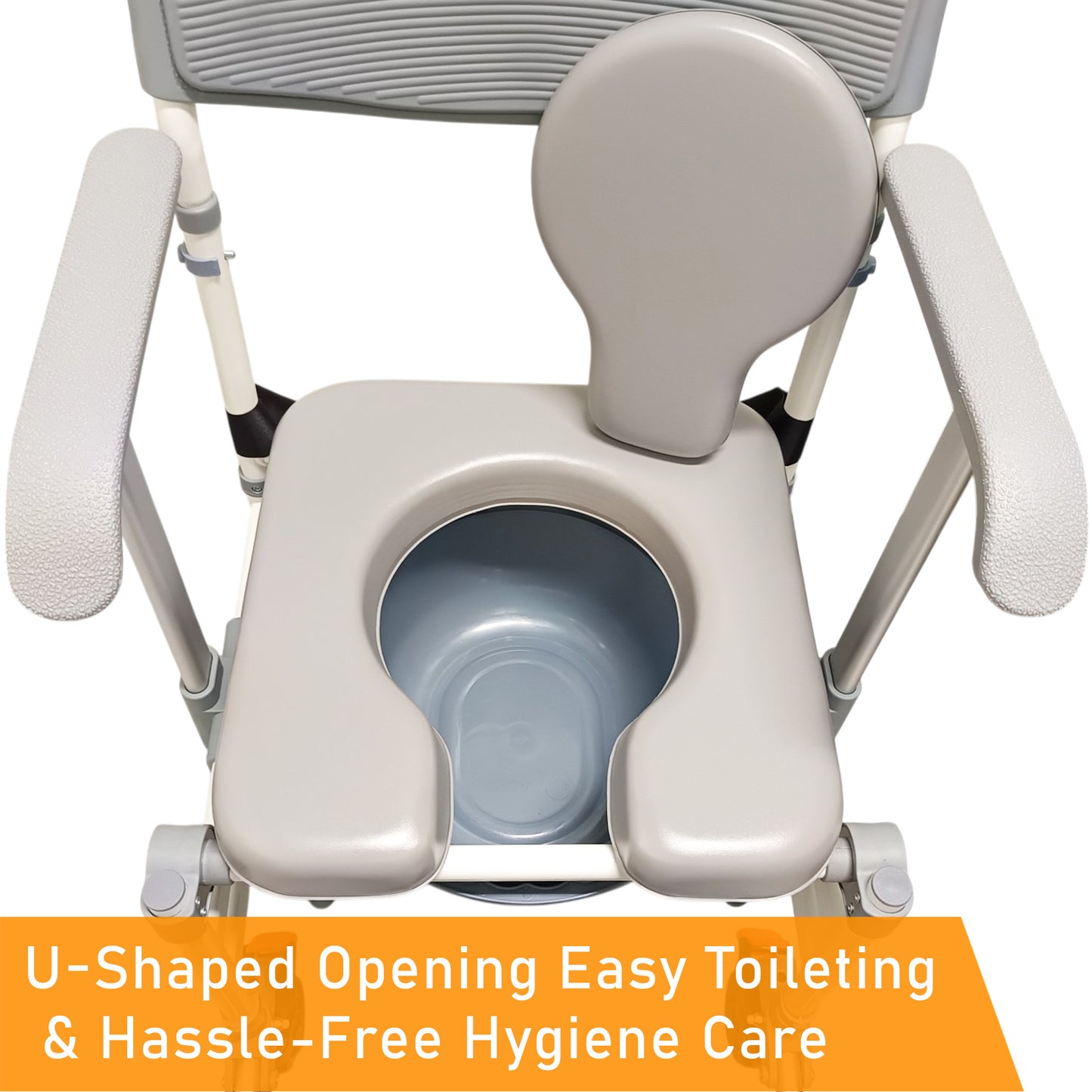 ViN-K05 foldable aluminum shower commode chair with waterproof cushion, adjustable armrests, flip-in footrests, full-lock caster wheels, removable commode bucket, anti-tipper, safety belt, and detachable backrest for toilet, shower, and indoor wheelchair use.