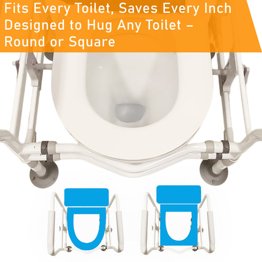 ViN-THR01 adjustable toilet safety armrest with rust-resistant powder-coated frame, suction cup feet, adjustable height and width, anti-slip waterproof design, and stable support to prevent tipping and wobbling.