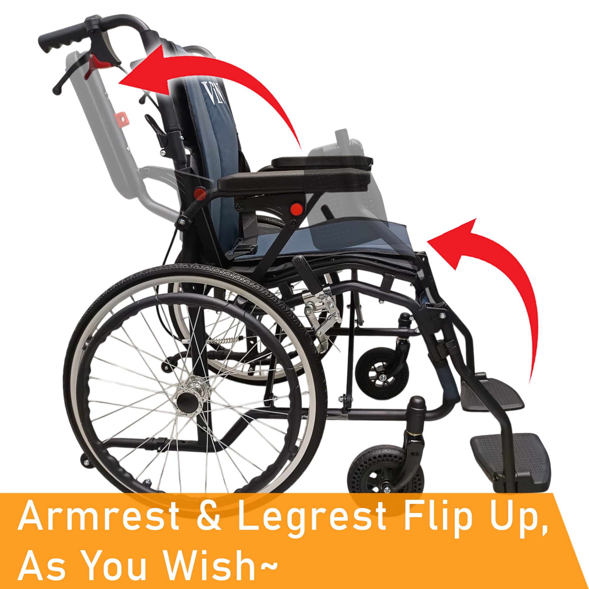 Foldable self-propelled wheelchair with ergonomic seat, washable cushion, flip-up armrests and leg rests, dual brakes, off-road casters and anti-tipper, compact design for car boot and airplane travel