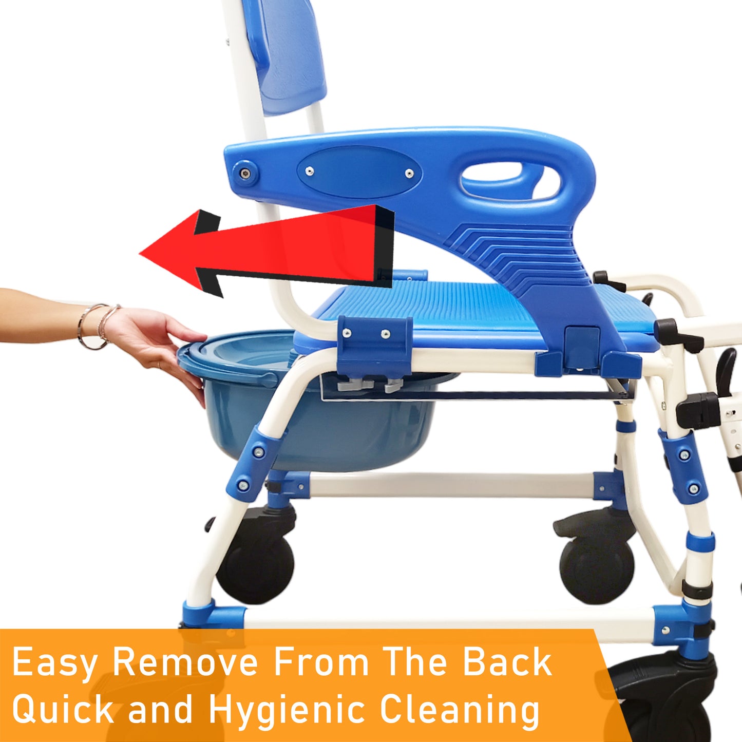 ViN K02 | Shower Commode Indoor Wheelchair + Extra-Wide Seat + 4 Lockable Wheels + Flip Up Armrest + Detachable Adjustable Height Footrest + Detachable Waterproof EVA Cushion
