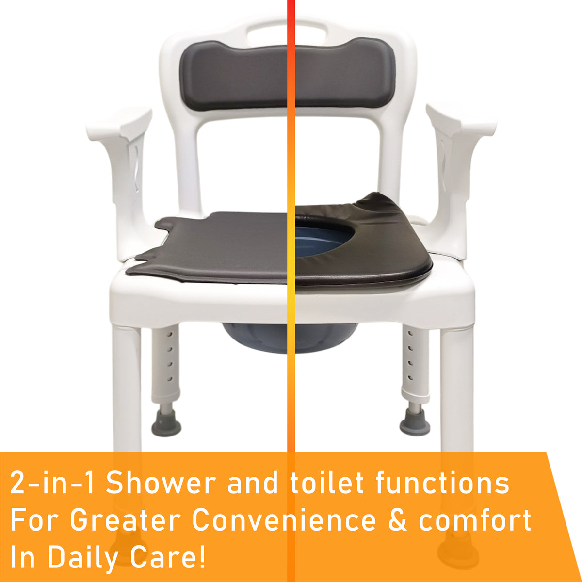 Height Adjustable Shower Commode Chair with Non-Slip Rubber Pads, Detachable Armrests and Backrest, Soft Seat Cushion, Shower Holder and Removable Bucket with Lid
