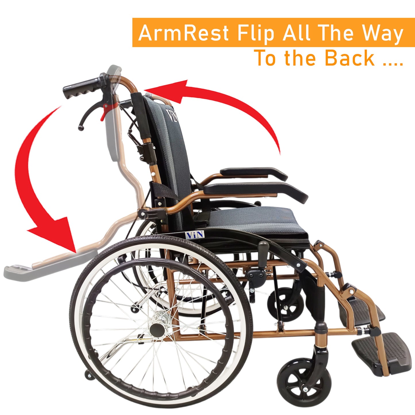 ViN-DY878 | Self Propelled Wheelchair + Washable Cushion + Flip-Up Armrest + Retractable Footrest + Anti Tipper