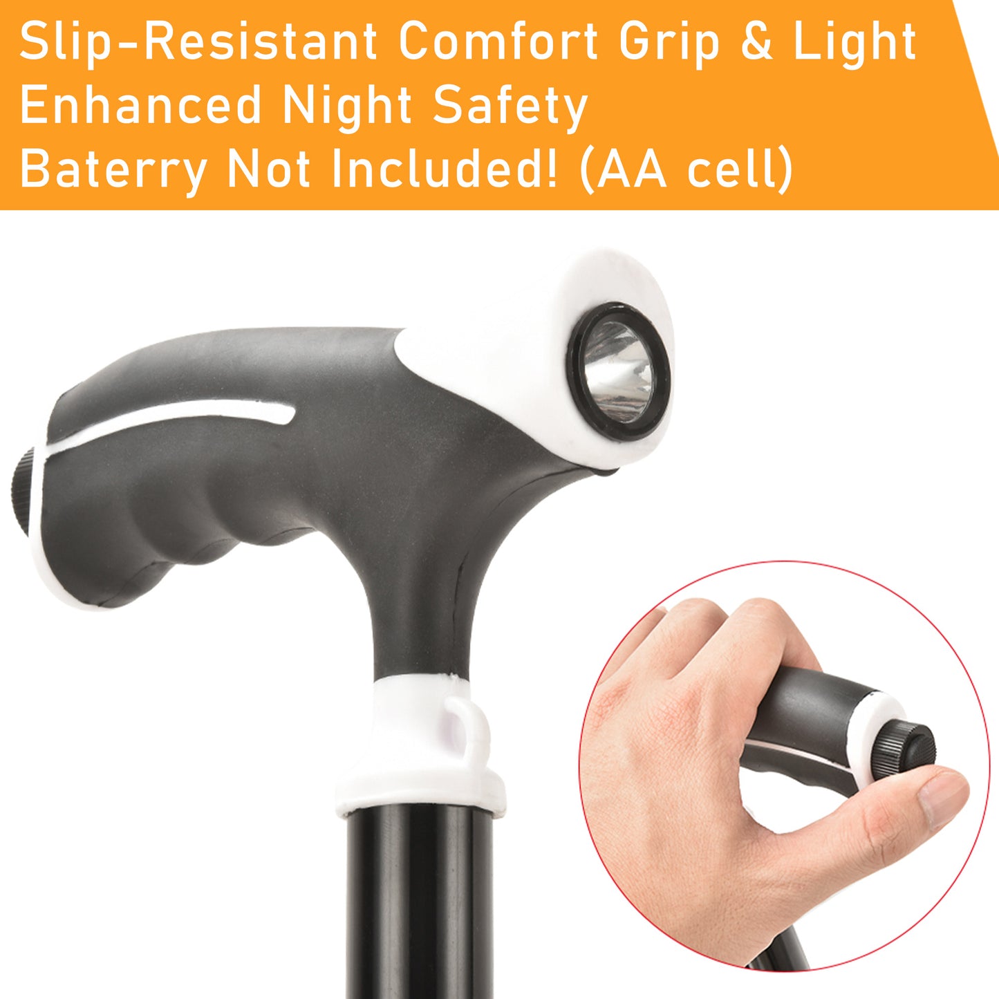 ViN WS03 | Aluminum Cane + 4 Section Adjustable + With Lights + Foldable + Assist Handle + Anti-Slip + Silky Safety Strap + 360-degree Rotation + Pivoting Base